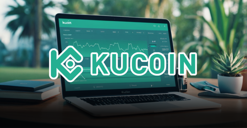 KuCoin cryptocurrency exchange logo in front of a laptop