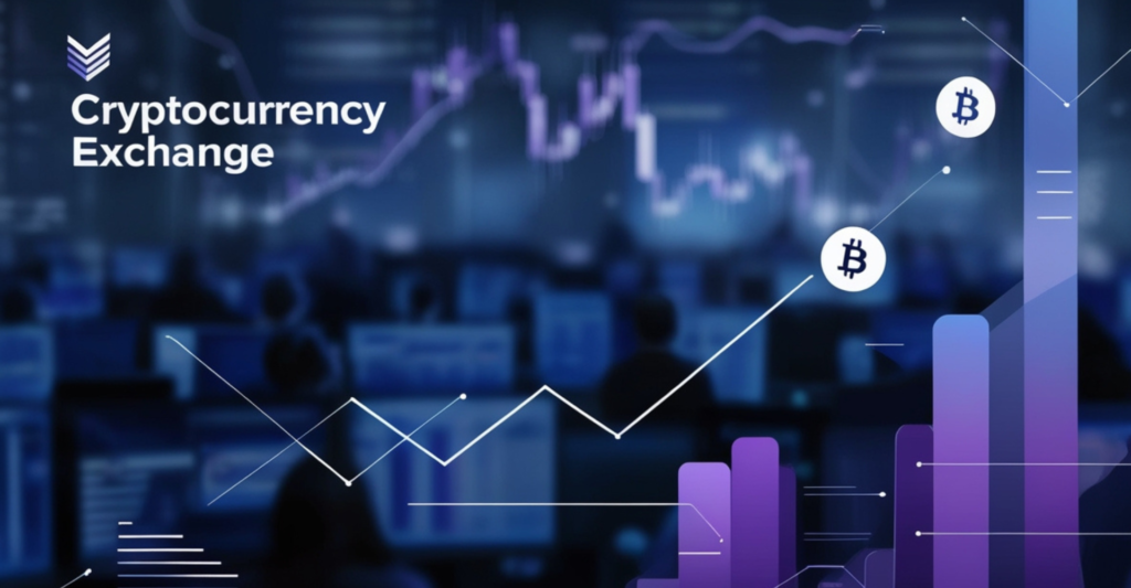 Purple and blue cryptocurrency exchange graphic.